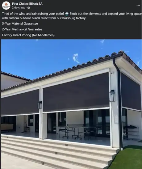 Facebook offer post for First Choice Blinds SA